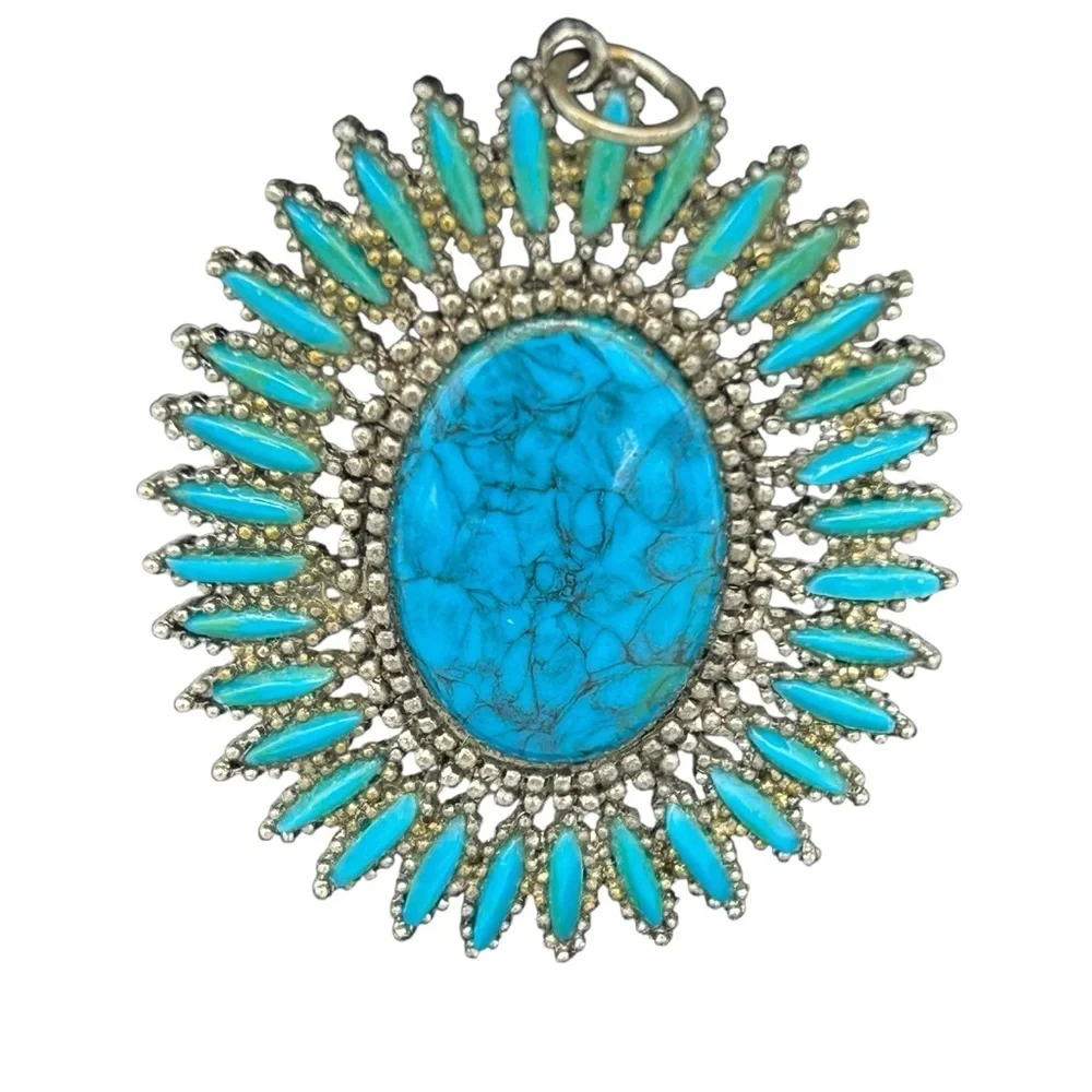 Vintage Silver Tone Turquoise Sunburst Pendant Southwestern Boho